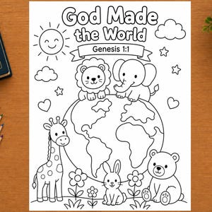 Ausmalbild „Gott erschuf die Welt“ (zum Ausdrucken), Arbeitsblatt zur Schöpfungsgeschichte (1. Mose 1,1), Bastelidee mit biblischen Tieren für Kinder, Unterrichtsmaterial für die Sonntagsschule/Kinderbibelwoche (VBS/CCD)