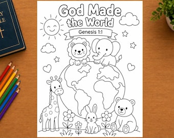 Página para colorear imprimible de Dios creó el mundo, hoja de trabajo de la historia de la creación de Génesis 1:1, manualidad bíblica de animales para niños, lección de catecismo para la escuela dominical VBS