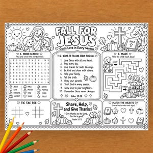 Peut inclure: Une feuille d'activités imprimable en noir et blanc intitulée Fall For Jesus avec God's Love in Every Season. Elle comprend une recherche de mots, un labyrinthe, un morpion, un jeu d'association et dix façons de suivre Jésus, avec des citrouilles.