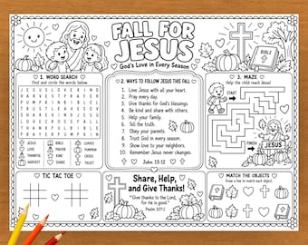 May include: A black and white printable activity sheet titled Fall For Jesus with God's Love in Every Season. It features a word search, a maze, tic tac toe, a matching game, and a list of ten ways to follow Jesus, surrounded by pumpkins and leaves.