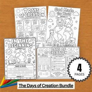 May include: A set of four black and white coloring pages titled 7 Days of Creation, God Made the World, In the Beginning, and Days of Creation. The pages feature illustrations of animals, the earth, and text related to Genesis 1:1.