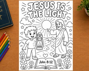 Jesus Is the Light of the World Coloring Page Printable, John 8:12 Bible Verse Worksheet, Lantern Kids Activity, Sunday School VBS CCD Class