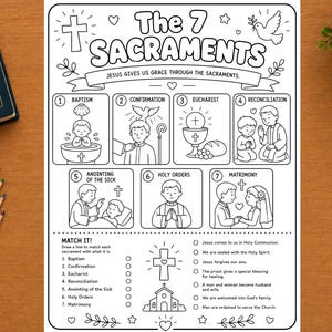 Op de afbeelding: Een zwart-witte educatieve kleurplaat getiteld The 7 Sacraments, met illustraties van de doop, vormsel, eucharistie, verzoening, ziekenzalving, priesterwijding en het huwelijk, inclusief een bijpassende activiteitensectie aan de onderzijde.