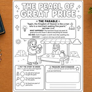 Op de afbeelding: Een zwart-wit printbare kleurplaat met de titel The Pearl of Great Price, voorzien van een bijbelse gelijkenisillustratie, een koopman, een marktkraam en twee activiteitensecties met tekstprompts voor het ordenen van het verhaal en schrijven.