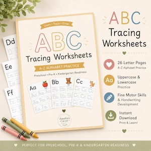 May include: ABC Tracing Worksheets for preschool, pre-K, and kindergarten readiness. The set includes 26 letter pages for uppercase and lowercase practice, featuring illustrations like an apple, bear, and cat. Two crayons are included.
