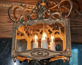 Vintage Antique RoCoco French Brass Ornate Glass Slided Hanging Light Swag Light