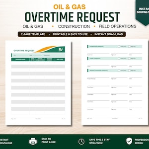 Può includere: Un modello stampabile di richiesta di straordinario di due pagine per petrolio, gas, edilizia e operazioni sul campo. Il documento presenta una tabella per i dettagli dei lavoratori e sezioni per le firme di approvazione di supervisori e clienti.