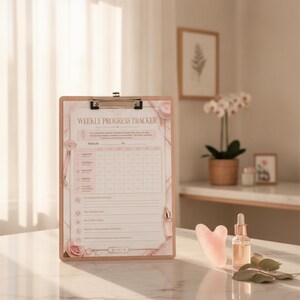May include: A wooden clipboard holding a Weekly Progress Tracker sheet with floral accents, accompanied by a light pink heart-shaped gua sha stone and a small glass dropper bottle containing a clear liquid, all arranged on a white marble surface.