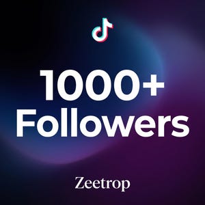 Puede incluir: Un gráfico digital que presenta el logotipo de TikTok en la parte superior, seguido del texto blanco en negrita 1000+ Followers y la palabra Zeetrop en la parte inferior, sobre un fondo degradado oscuro y suave de azul a violeta.