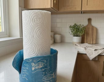 Handmade Ceramic Paper Towel Holder, Hand-Built Blue Sgraffito Kitchen Roll Stand, Coastal Pottery Decor