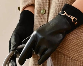 Winter Women Suede Leather Gloves, Touchscreen Gloves, Plus Velvet Warm Gloves, Elegant Driving Gloves, Cold Weather Gift for Her