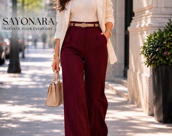 Pantaloni da donna bordeaux a gamba larga / Pantaloni eleganti a vita alta / Pantaloni da ufficio eleganti / Pantaloni formali da lavoro / Pantaloni palazzo casual da lavoro