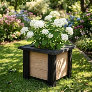 Peut inclure: Un bac à plantes carré en bois composé de panneaux en bois clair naturel encadrés par des montants d'angle peints en noir et un rebord supérieur noir assorti, contenant un hortensia vert luxuriant aux fleurs blanches.