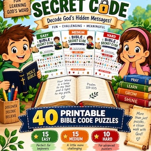 Puede incluir: Un conjunto de actividades Bible Secret Code para edades de 6 a 12 años con 40 acertijos imprimibles de niveles fácil, medio y difícil. La portada muestra a un niño y una niña, una Biblia abierta con el Salmo 119:105 y claves de códigos.