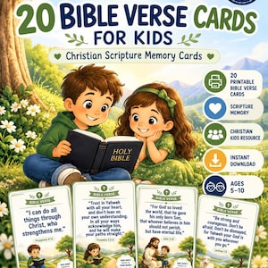 May include: A set of 20 printable Bible verse cards for kids featuring illustrations of children reading the Holy Bible. The cards display various Christian scriptures, including verses from Philippians, Proverbs, John, and Joshua, with colourful nature-themed graphics.