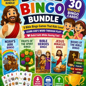 Pode incluir: Um conjunto de jogos Bible Bingo com ilustrações de desenhos animados de figuras e temas religiosos. A capa exibe o texto BIBLE BINGO BUNDLE, 5 BIBLE GAMES IN 1 BUNDLE, 30 UNIQUE BINGO CARDS e vários títulos como Noah's Ark Bingo.