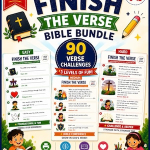 Pode incluir: Um pacote de aprendizagem bíblica imprimível intitulado Finish The Verse com 90 desafios de versículos em três níveis. O documento inclui ilustrações de crianças, uma Bíblia e um lápis, formatado para papel de 21,6 cm por 27,9 cm.
