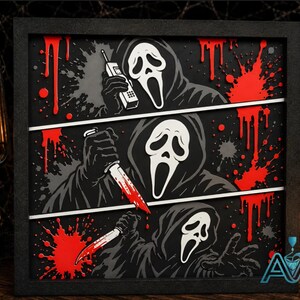 May include: A square shadow box wall art piece featuring three horizontal panels depicting the Ghostface character in a black hooded robe. The artwork includes red blood splatter effects, a telephone, and a knife, all set against a black background.