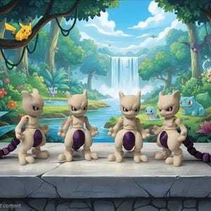 May include: Four light beige Mewtwo action figures with purple abdominal spheres and long, segmented purple tails. The figures are standing in a row on a stone-textured surface, each displaying a slightly different pose with articulated limbs.