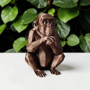 3D Printed Low Poly Monkey Sculpture | Geometric Chimp Statue, Minimalist Desk Decor