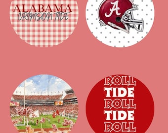 May include: Four circular stickers featuring Alabama Crimson Tide themes. One has a red gingham pattern with text, one shows a crimson football helmet on white dots, one depicts a stadium scene, and one has red background with white text Roll Tide.