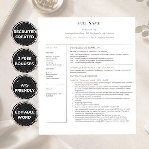 May include: A professional resume template document with black text on a white background, featuring sections for education, professional summary, core skills, and experience. Four black circular badges on the left read RECRUITER CREATED, 2 FREE BONUSES, ATS FRIENDLY, and EDITABLE WORD.