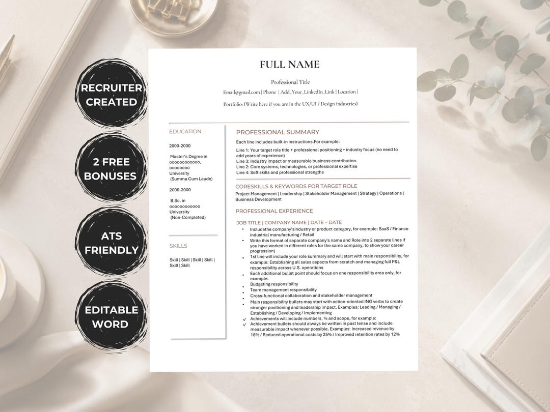 ATS Resume Template Word ATS Friendly CV Career Change Job Application ...