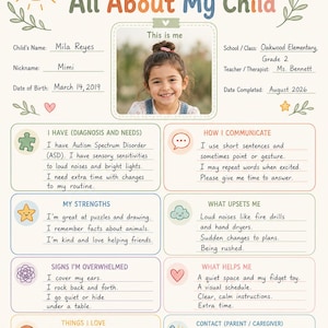 May include: A printable All About My Child information sheet featuring a central photo of a smiling child, with sections for personal details, communication needs, strengths, sensory triggers, signs of overwhelm, coping strategies, and contact info.