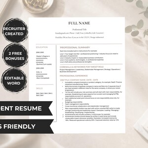 May include: A white resume template document featuring sections for professional summary, core skills, and professional experience. The layout includes placeholders for contact information, education, and job history, with black text on a white background.