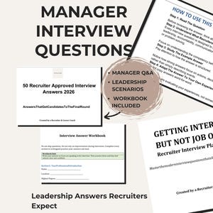 Könnte beinhalten: Eine Sammlung digitaler Dokumente mit den Titeln Manager Interview Questions, 50 Recruiter Approved Interview Answers 2026, Interview Answer Workbook und Getting Interviews But Not Job Offers? Recruiter Interview Playbook 2026 mit einem runden Abzeichen.