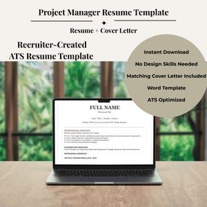 May include: A laptop displaying a Project Manager Resume Template with sections for Full Name, Professional Summary, and Experience. A circular beige graphic lists features: Instant Download, No Design Skills Needed, Matching Cover Letter Included, Word Template, and ATS Optimised.