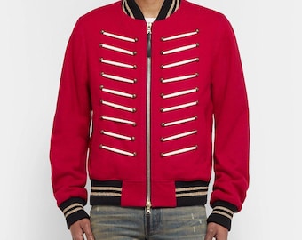 Commander's Red Parade Bomber Jacket | Men's Luxury Wool Military Coat | Gothic Embroidered Streetwear | Premium Designer Outerwear