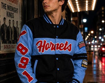 Blouson universitaire Delaware State Hornets, veste Letterman bleu noir, blouson aviateur brodé universitaire, manteau streetwear vintage