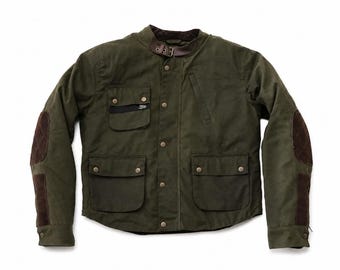 Chaqueta de moto vintage para hombre / Chaqueta de motorista de algodón encerado verde oliva / Abrigo de turismo de aventura / Estilo motero retro / EE. UU.