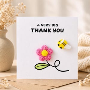 Handmade Crochet Flower Thank You Card, Appreciation Greeting Card with Optional Bee