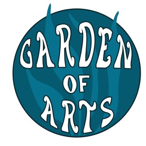 May include: A teal blue circle with a white outline and a stylized white text that reads "GARDEN OF ARTS" with a leafy pattern in the background.