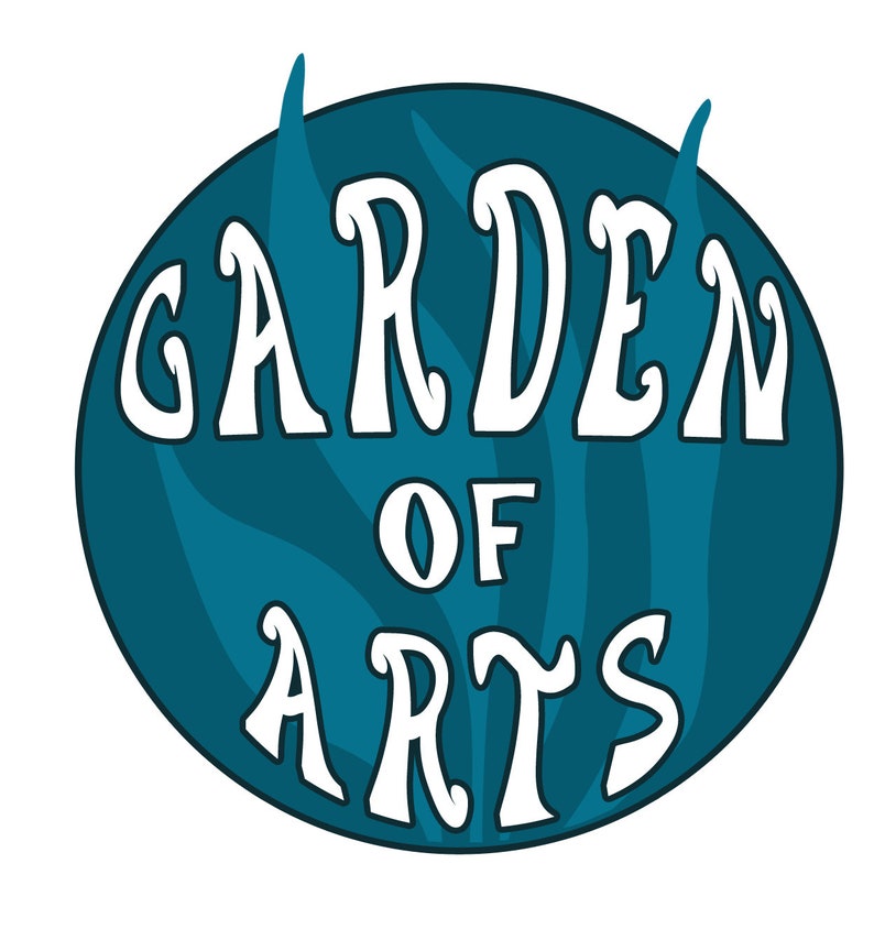 May include: A teal blue circle with a white outline and a stylized white text that reads "GARDEN OF ARTS" with a leafy pattern in the background.