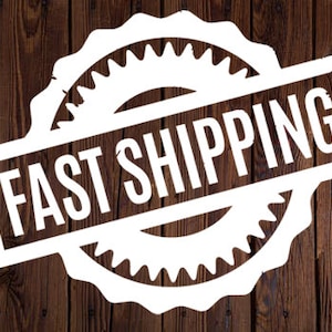 May include: White stamp with a gear design on a brown wooden background. The stamp says "FAST SHIPPING" in bold white letters.