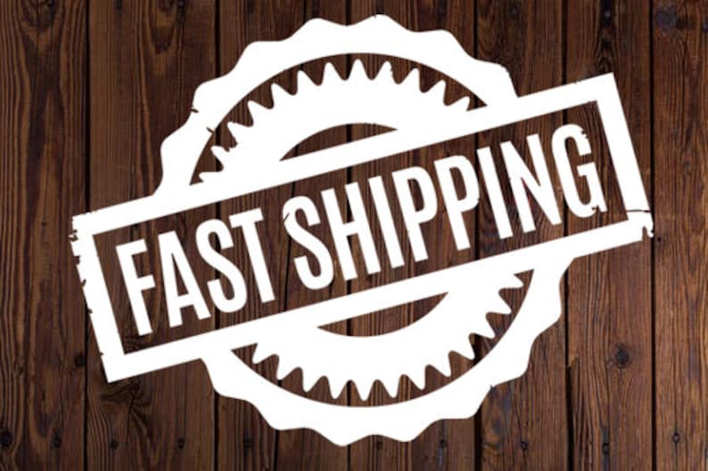 May include: White stamp with a gear design on a brown wooden background. The stamp says "FAST SHIPPING" in bold white letters.
