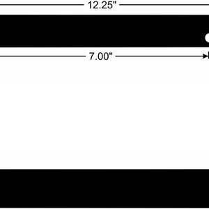 May include: Black plastic license plate frame with rounded corners and two holes on the top. The frame measures 12.25 inches wide by 6.25 inches tall and 1.25 inches deep. The inside opening measures 7 inches wide.