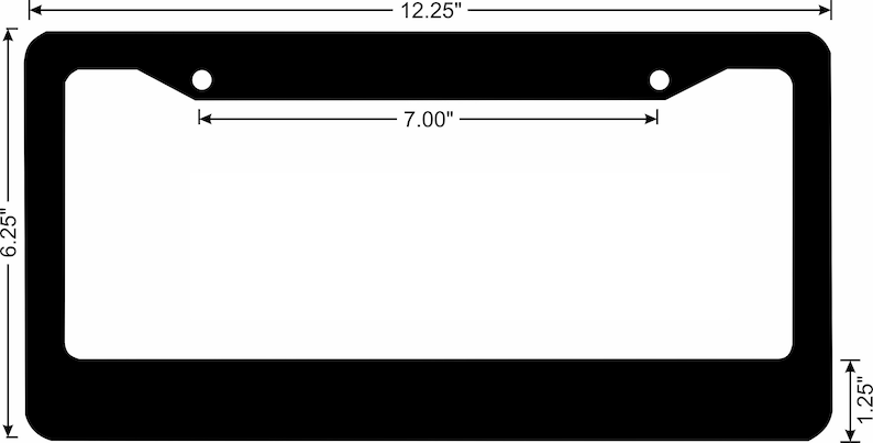 May include: Black plastic license plate frame with rounded corners and two holes on the top. The frame measures 12.25 inches wide by 6.25 inches tall and 1.25 inches deep. The inside opening measures 7 inches wide.