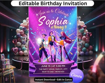 Invito di compleanno a tema K-Pop Demon Hunter, invito per festa a tema anime e musica, download digitale modificabile e stampabile.