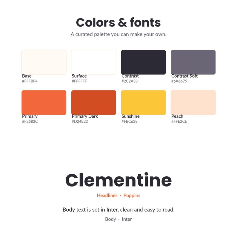 Może przedstawiać: Przewodnik po palecie kolor&oacute;w zatytułowany Colors & fonts z ośmioma prostokątnymi pr&oacute;bkami oznaczonymi jako Base #FFFBF4, Surface #FFFFFF, Contrast #2C2A33, Contrast Soft #6A6675, Primary #F2683C, Primary Dark #D24E22, Sunshine #FBC638 oraz Peach #FFE2CE.