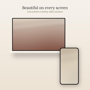May include: A laptop and a smartphone with blank screens displayed against a light background. The text at the top reads: Beautiful on every screen. Looks polished on desktop, tablet, and phone. The devices feature thin black frames and neutral-toned screens.