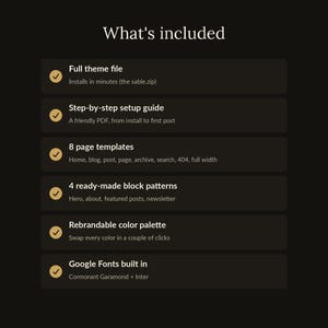 K&ouml;nnte beinhalten: Eine digitale Produktinformationsgrafik mit dem Titel What's included, die sechs Funktionen auflistet: Full theme file, Step-by-step setup guide, 8 page templates, 4 ready-made block patterns, Rebrandable color palette und Google Fonts built in mit Cormorant Garamond und Inter.