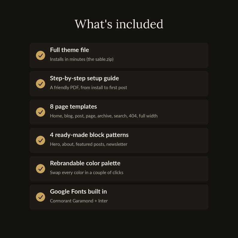 K&ouml;nnte beinhalten: Eine digitale Produktinformationsgrafik mit dem Titel What's included, die sechs Funktionen auflistet: Full theme file, Step-by-step setup guide, 8 page templates, 4 ready-made block patterns, Rebrandable color palette und Google Fonts built in mit Cormorant Garamond und Inter.