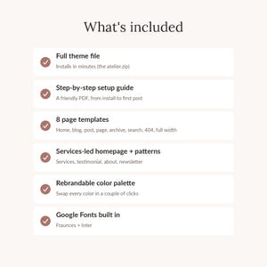 Puede incluir: Un gr&aacute;fico de informaci&oacute;n de producto digital titulado What's included, que enumera seis caracter&iacute;sticas con marcas de verificaci&oacute;n: Full theme file, Step-by-step setup guide, 8 page templates, Services-led homepage and patterns, Rebrandable color palette y Google Fonts built in.
