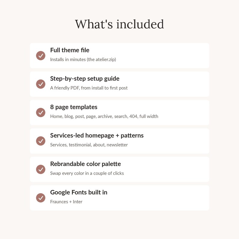 Puede incluir: Un gr&aacute;fico de informaci&oacute;n de producto digital titulado What's included, que enumera seis caracter&iacute;sticas con marcas de verificaci&oacute;n: Full theme file, Step-by-step setup guide, 8 page templates, Services-led homepage and patterns, Rebrandable color palette y Google Fonts built in.