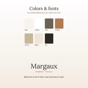 May include: A color palette guide titled Colors & fonts with seven color swatches labeled Base, Surface, Soft, Primary, Accent, Blush, and Ink. Below, the text Margaux is displayed above Headlines, Fraunces, and Body text is set in Inter.