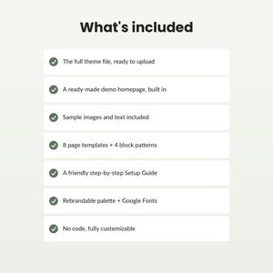 Puede incluir: Un gr&aacute;fico informativo titulado What's included, que enumera siete caracter&iacute;sticas con marcas de verificaci&oacute;n: archivo de tema completo, p&aacute;gina de inicio de demostraci&oacute;n, im&aacute;genes y texto, 8 plantillas de p&aacute;gina, 4 patrones de bloque, gu&iacute;a y fuentes.